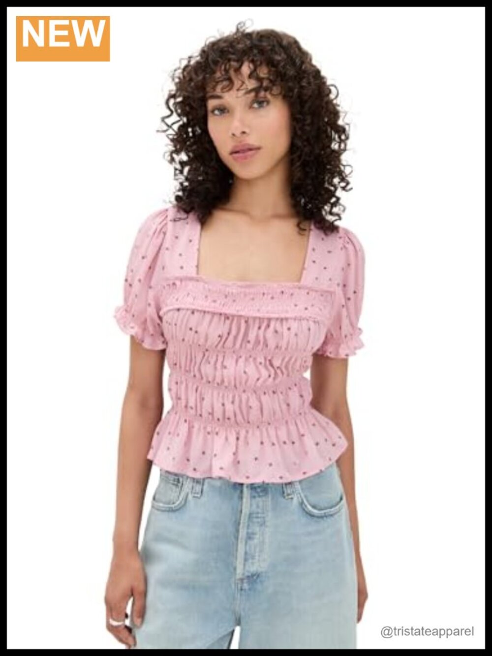Free People Floral Peasant Top Square Neck Smocked Puff Sleeve Blouse Cotton